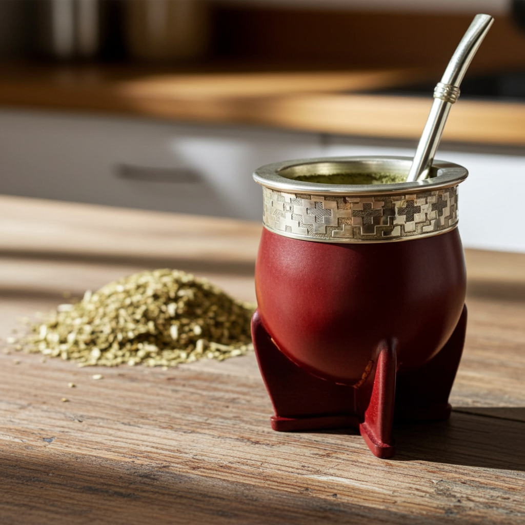 Imperial Matekop (kalabas) – Læder & Ornamenteret alpaca-krave (Sort/Rød)